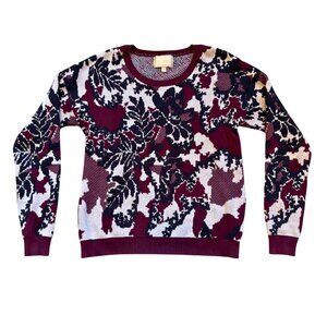 Skies Are Blue Jacquard Floral Camouflage Sweater Small Burgundy Blush Crew Neck